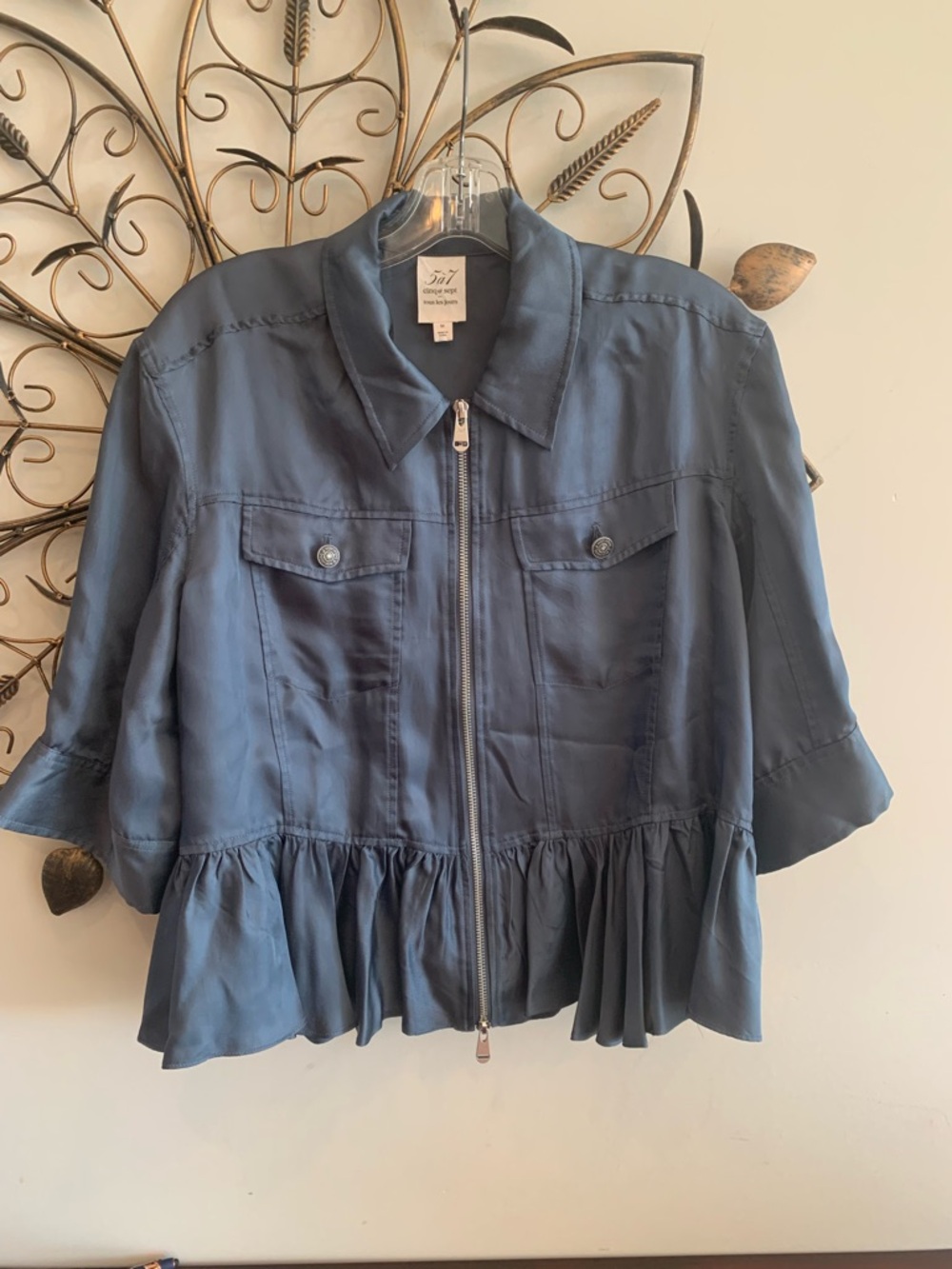 Cinq a Sept Navy Ruffle-Hem Zip Jacket